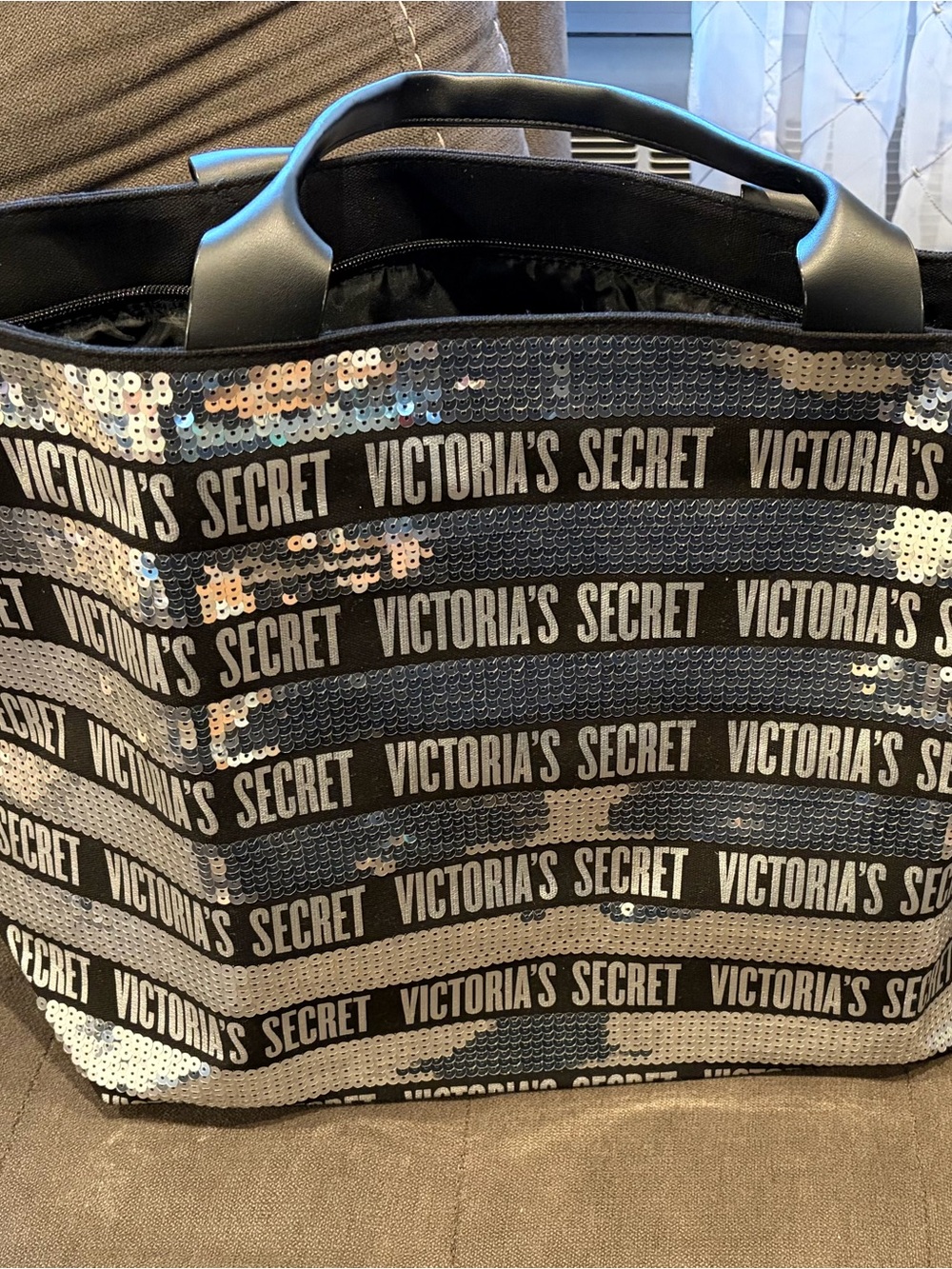 Victoria's Secret Black and Silver Sequin Logo Tote
